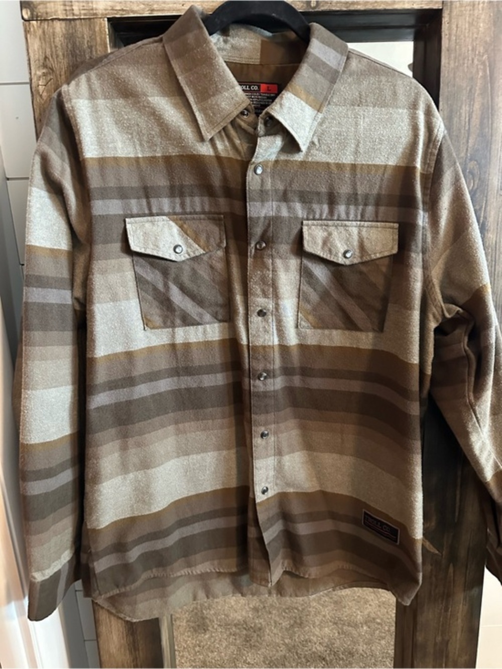 Troll Co Brown Stripe Snap Front Flannel Shirt L Western Workwear Ranchwear